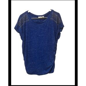 Cato Womens XL Blue Space Dye Studded Shoulder Ruched Back Short Sleeve Top